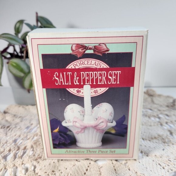 Porcelain Salt and Pepper Set Eggs in a Basket Roses & Ribbon Three Piece in Box - Picture 1 of 8